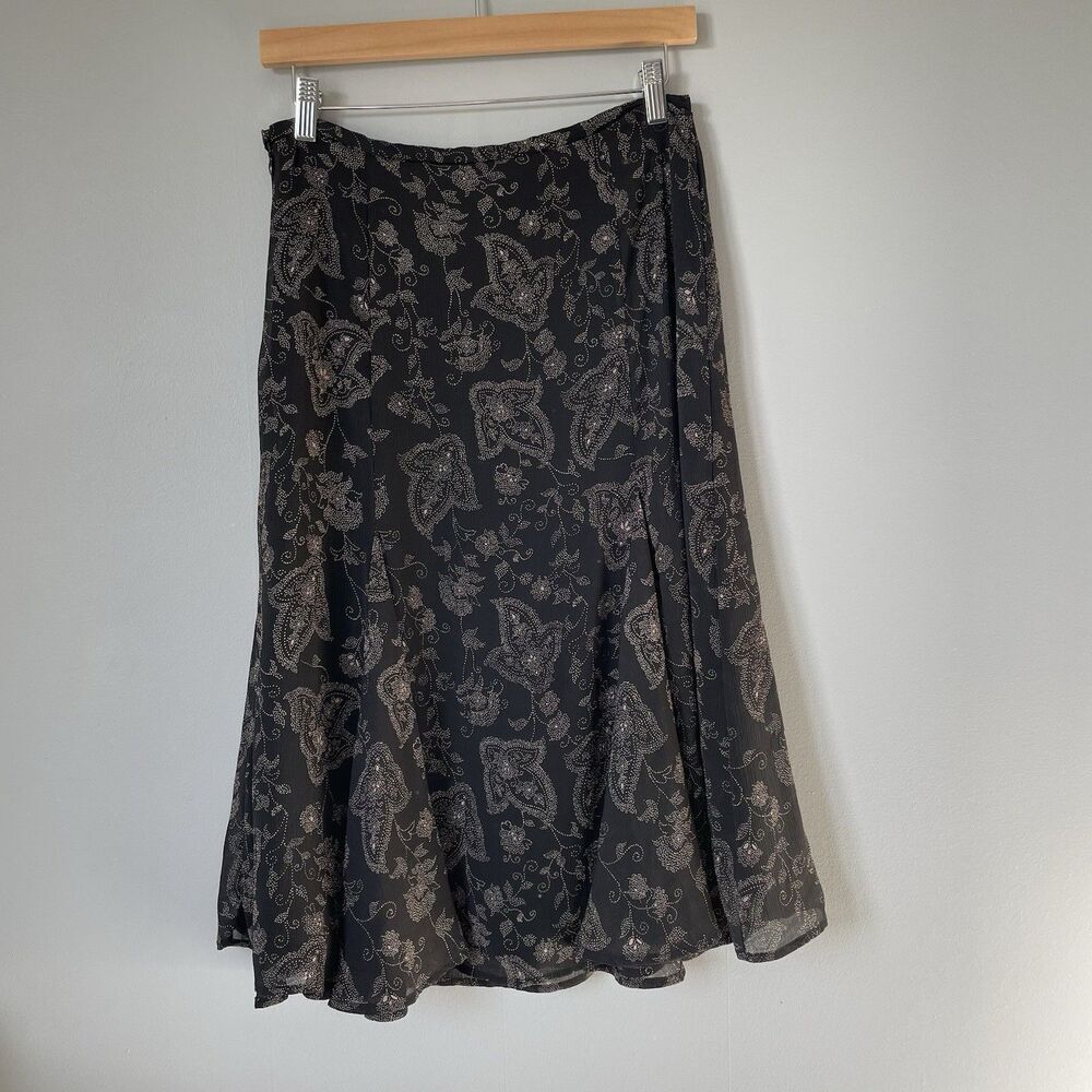 Evan-Picone Vintage Cottagcore Midi Skirt Floral Print Flowy Black Women's 6 - Picture 2 of 11